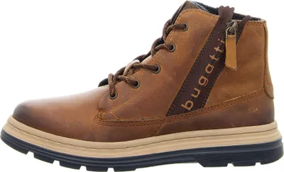 A side view of a single brown leather boot.