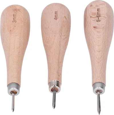 Produktbild von 3-teilige Lederahle, hohe Härte, ergonomisches Design, Rautennaht mit Buchengriff zum Stanzen