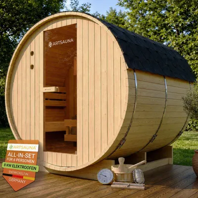 Produktbild von Artsauna Outdoor Fasssauna Spitzbergen 220 für 6 Personen - 8 kW Ofen & Zubehör