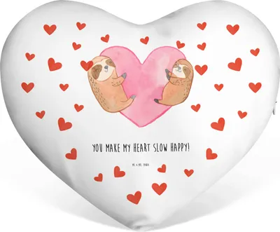 Produktbild von Mr. & Mrs. Panda Dekokissen Faultiere Herz - Weiß - Geschenk, Freundin, Liebe Kissen, für, Valentinstag, Freund, Hochzeitstag, Mitbringsel, Sofakissen, Kuschelkissen