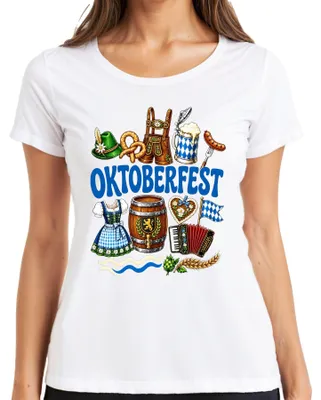 Productafbeelding van , Beieren, traditionele kleding, lederhosen, dirndl, volksfeest, gezelligheid, dames T-shirt, wit, maat M