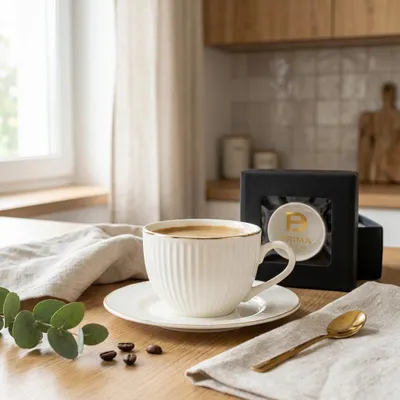 Produktbild von Porzellantasse mit Untertasse ecru gestreift Goldrand Lumena 260 ml