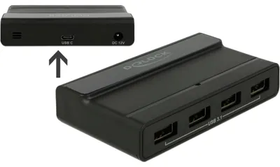 Produktbild von DeLOCK Externer USB 3.1 4 Port Hub mit 10 Gbps, USB 3.2 Gen 2 (3.1 Gen 2) Type-C, USB 3.2 Gen 2 (3.1 Gen 2) Type-A, 10000 Mbit/s, Schwarz, AC, 100 - 240 V