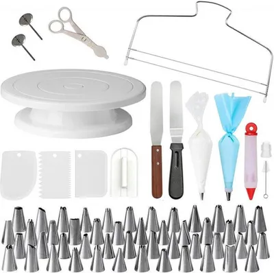 Produktbild von Tortendrehteller Tortenplatte drehbar Tortenständer 88er Set mit Edelstahl Spritztüllen Silikonbeutel