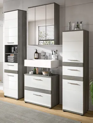 Produktbild von Badmöbel Set 4-teilig "Bailey" weiß Hochglanz und grau Badkombination 160 cm