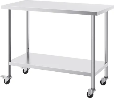 Image de SucceBuy Table de travail en acier inoxydable 24x48x38 pouces, table de travail robuste avec 4 roues et hauteur réglable, table de travail commerciale pour les restaurants, Argent