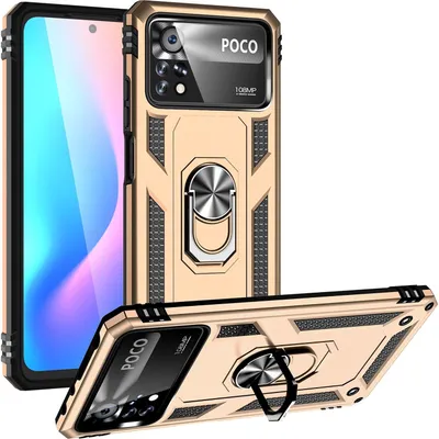 Obrázek produktu pro Pouzdro pro Xiaomi Poco X4 Pro 5G dvouvrstvé robustní, vojenská ochrana pouzdro s držákem prstenu a stojánkem Zlato