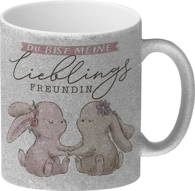 Produktbild von Hasen Glitzer-Kaffeebecher mit Spruch Du bist meine Lieblingsfreundin