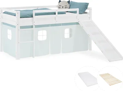 Produktbild von Homestyle4u Kinder Hochbett 90x200 Rutsche Matratze Vorhang grün Kinderbett
