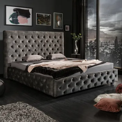Produktbild von riess-ambiente Design Doppelbett PARIS 180x200cm grau olive Samt Chesterfield Bett Polsterbett