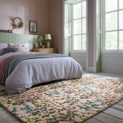 Produktbild von Wollteppich Floral Muster, Naturmotive, Schlafzimmer Multicolor-Rosa Rechteckig 200x290 | 100% Wolle, Rücken aus 75% Baumwolle, 25% Polyester