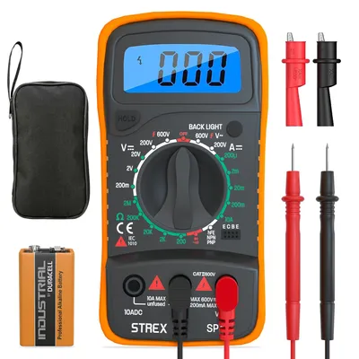 Produktbild von Strex Digitalmultimeter mit 9-V-Batterie | Digitalmultimeter für Spannung, Strom & Widerstand mit beleuchtetem LCD-Display | Multimeter für AC/DC-Spannung mit Aufbewahrungsbeutel