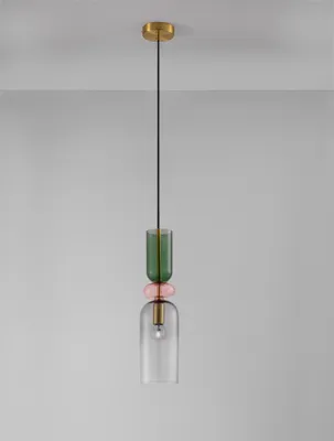 A single pendant light hangs from a black cord against a light gray background.