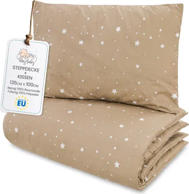 Zdjęcie produktu dla Kołdra dziecięca bez poszewki 100x135 cm - bawełniany zestaw kołdra i poduszka dziecięca 100 x 135 i poduszka 60 x 40 - kołdra dziecięca do łóżeczka beżowa w białe gwiazdki