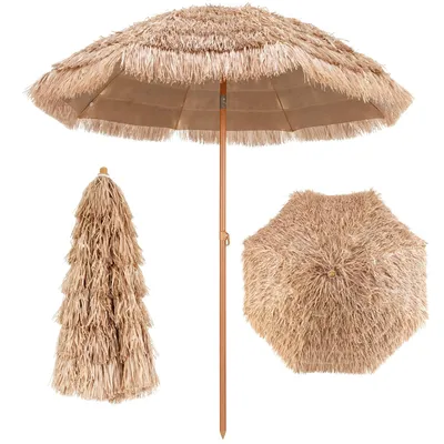 A beach umbrella is shown in three different views: open, closed, and from the top.