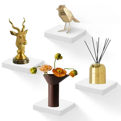Image de Étagères murales suspendues, lot de 4, étagères en bois massif de 15,2 cm x 15,2 cm, petites étagères murales décoratives pour la salle de bains, la chambre, le salon et la cuisine – Blanc