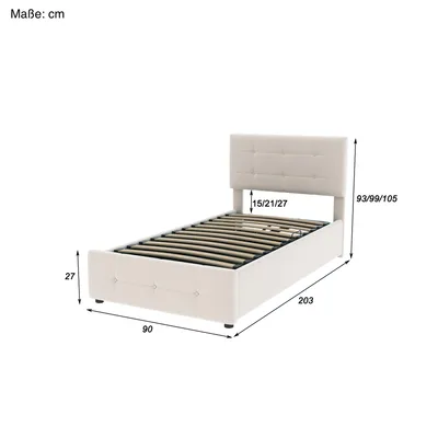 A diagram of a bed with dimensions indicated.