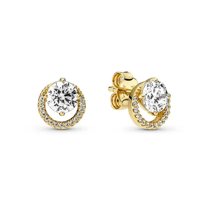 A pair of gold stud earrings with clear stones, shown against a white background.
