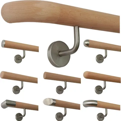 Produktbild von TIBU Buche unbehandelt Holz Handlauf Geländer 0,3m - 5m, Länge 160 cm, Ende Holzkrümmling und 3 gewinkelte Halter