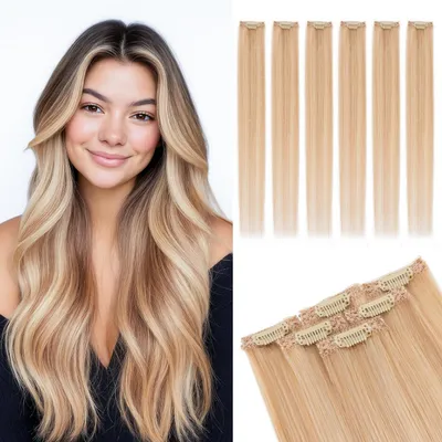 Productafbeelding van Haarverlengingen, echt haar, 6 stuks, 45 cm, asblond/blond, 44 gram