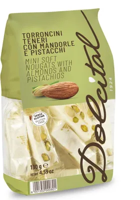 Produktbild von Torroncini mit Mandeln und Pistazien, soft, Torroncini Teneri Mini Pistacchi, 130g, weißer Nougat, Dolcital