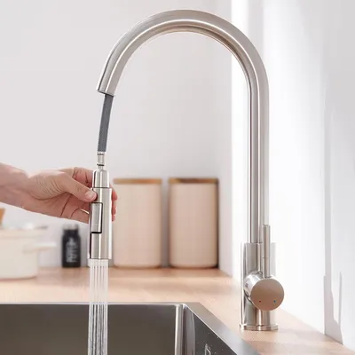Produktbild von Küchenarmatur mit Brause ausziehbar, Edelstahl, Hochdruck, 2 Strahlarten, gebürstet
