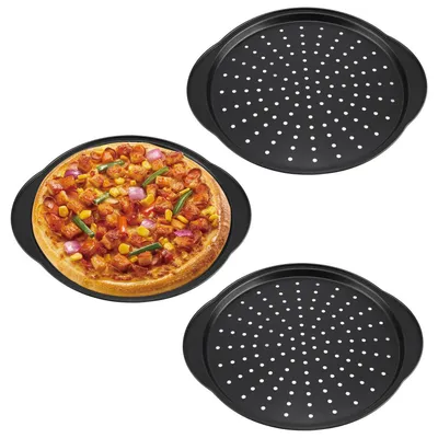 Image de Plaques à pizza rondes, perforées, lot de 3, diamètre 32 cm, en acier carbone avec revêtement antiadhésif