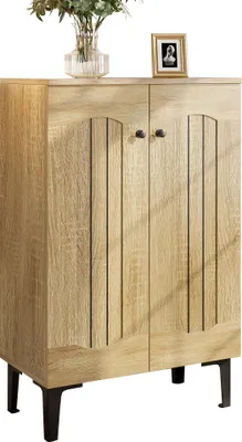 Produktbild von Schuhschrank - 60x31,5x95 cm - Doppeltüren mit geschwungenen Linien - Mehrschichtige Einlegeböden - Dekorative Ablagefläche
