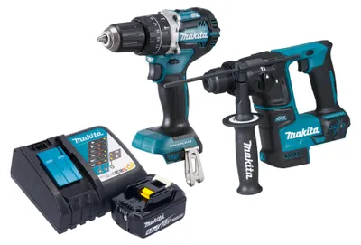 Zdjęcie produktu dla Akumulatorowy zestaw kombi Makita DLX 2278 RM1 + wiertarka udarowa DHP 484 54 Nm + wiertarka udarowa DHR 171 1,2 J + 1x akumulator 4,0 Ah + ładowarka