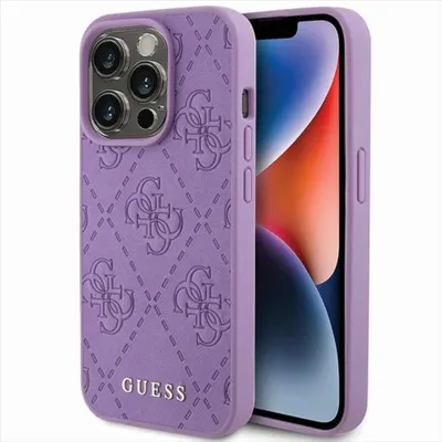 Produktbild von Guess Leder 4G Stamped Hülle für iPhone 15 Pro Max  Lila Handyhülle