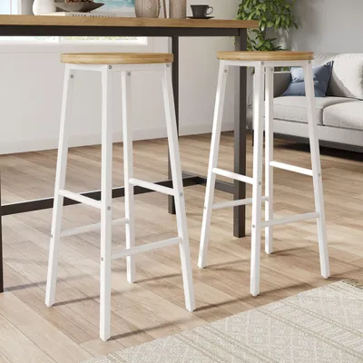 Produktbild von STILVORA Barhocker 2er-Set mit Holzoptik-Sitz, bis 150kg belastbar, Küchenhocker mit verstellbaren Füßen und Fußstütze, Barstuhl weißer Metallrahmen