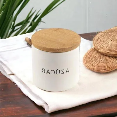 Image de Boîte à bonbons en bois avec couvercle et cuillère en bois - Céramique - 9 cm