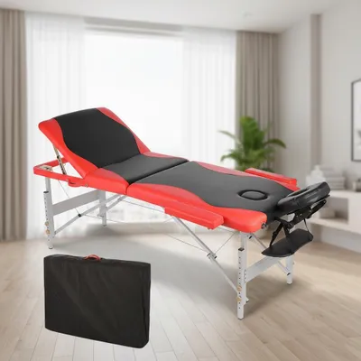 Image de Table de massage 3 zones en aluminium noir/rouge Banc de thérapie Table cosmétique pliable