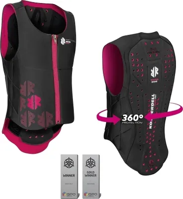 A product shot of a protective vest, shown from the front and back, with awards displayed below.
