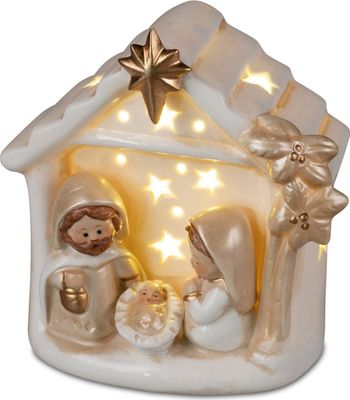 LED Dekoobjekt Krippe H. 12cm weiß gold aus Porzellan mit Timer Formano W22
