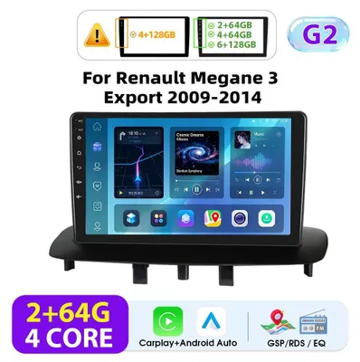 Obrázek produktu pro Pro Renault Megane 3 2009–2014 – autorádio Android 2-DIN – displej 22,9 cm – bezdrátové CarPlay – paměť 2 GB RAM, 64 GB ROM – GPS, FM, RDS – černé