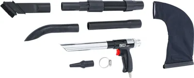 A collection of air tool attachments and a handheld air tool are laid out on a white background.