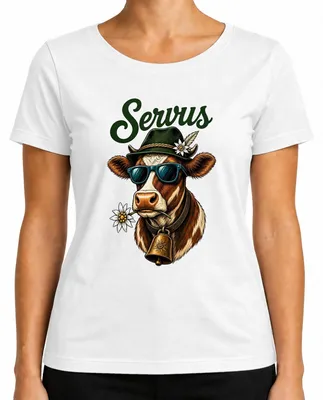 Immagine prodotto di Servus Kuh, occhiali da sole Edelweiss, camicia tradizionale bavarese, pantaloni in pelle da donna, t-shirt, bianco, taglia S