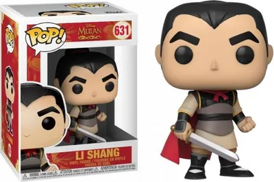 A Funko Pop! vinyl figure of Li Shang from Disney's Mulan, shown both in its packaging and standing alone.