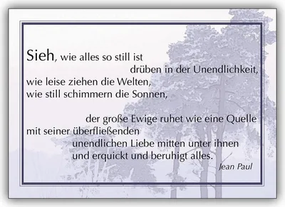 Produktbild von 4x Mitfühlende Trauerkarte mit Spruch: Sieh, wie alles so still ist drüben in der Unendlichkeit…