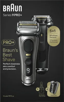 A marketing image for a Braun Series 9 Pro+ electric shaver, showing the product and its accessories against a dark background.