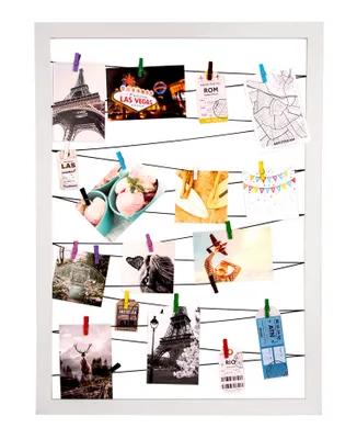 Produktbild von BigDean Fotohalter weiß 75x55 cm mit 20 Holz Klammern und Leine - Pinnwand für Fotos – Bilderrahmen groß Galerie für an die Wand