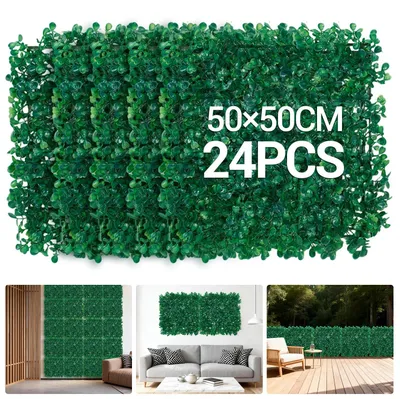 Image de Mur de haie en buis artificiel - 24 panneaux de 50 x 50 cm - Fond mural en plastique imitant l'herbe - Brise-vue de jardin - Décoration murale d'extérieur - Vert