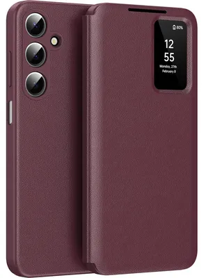 Obrázek produktu pro Kožené flipové pouzdro pro Samsung Galaxy A17 5G/4G, obal s funkcí Smart View okna a přihrádkou na karty Červený