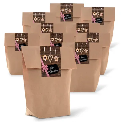 Produktbild von 10 braune natur Geschenktüte Verpackung Beutel Papier mit Boden 14 x 22 x 5,6 cm Kraftpapier + 10 weihnachtliche Aufkleber FROHE WEIHNACHTEN rot weiß kariert braun Geschenke verpacken give-away10 Stück