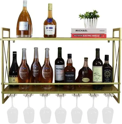 Image de Casier à vin mural avec finitions dorées et supports pour bouteilles en verre