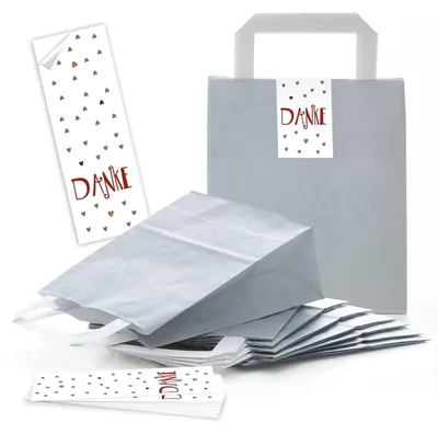 Produktbild von 10 kleine graue Geschenktüte Papiertüte Geschenk-Beutel 18 x 8 x 22 cm + 10 Aufkleber Sticker DANKE rot grau HERZEN - Geschenktüten give-aways Kunden-Geschenke Verpackung Tüte"Danke" rote Herzen / 5 Stück