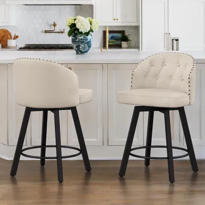 Image de Ensemble de deux tabourets de bar avec dossier, hauteur 65 cm, structure en métal et assise en lin, pivotants à 360°, coloris lin