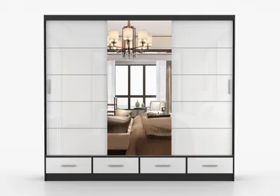 Produktbild von FRENCE Schwebetürenschrank 253 cm Grau/Weiß Hochglanz mit Spiegel, großer Kleiderschrank 2-türig mit Schubladen