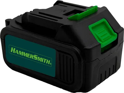 A black battery pack with green accents and branding.